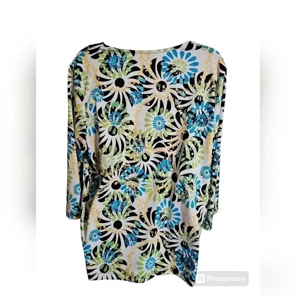 R.Q.T. Women 2X Blouse Multicolor Polyester Tropical Floral Top Statement Resort - Picture 4 of 7